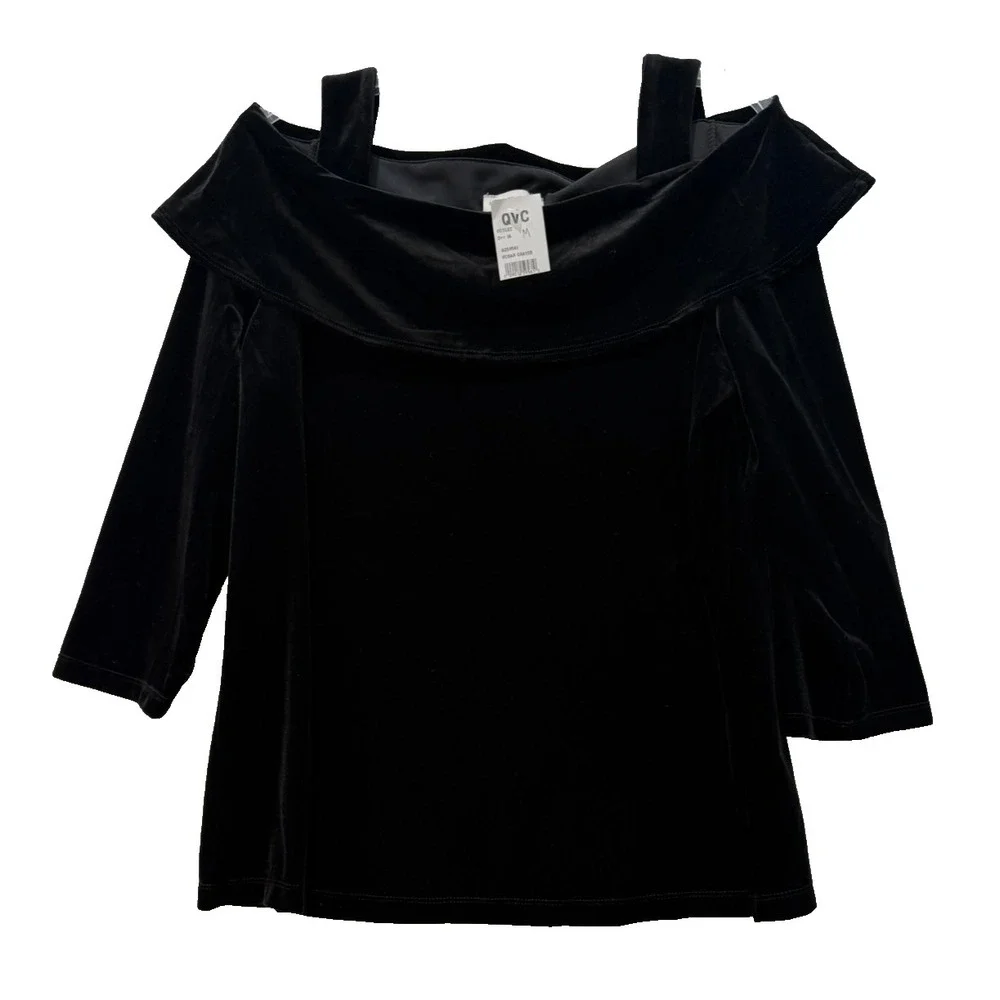NWT Size Medium‎ Susan Graver Black Velvet Off Shoulder Stretch 3/4 Sleeve Top